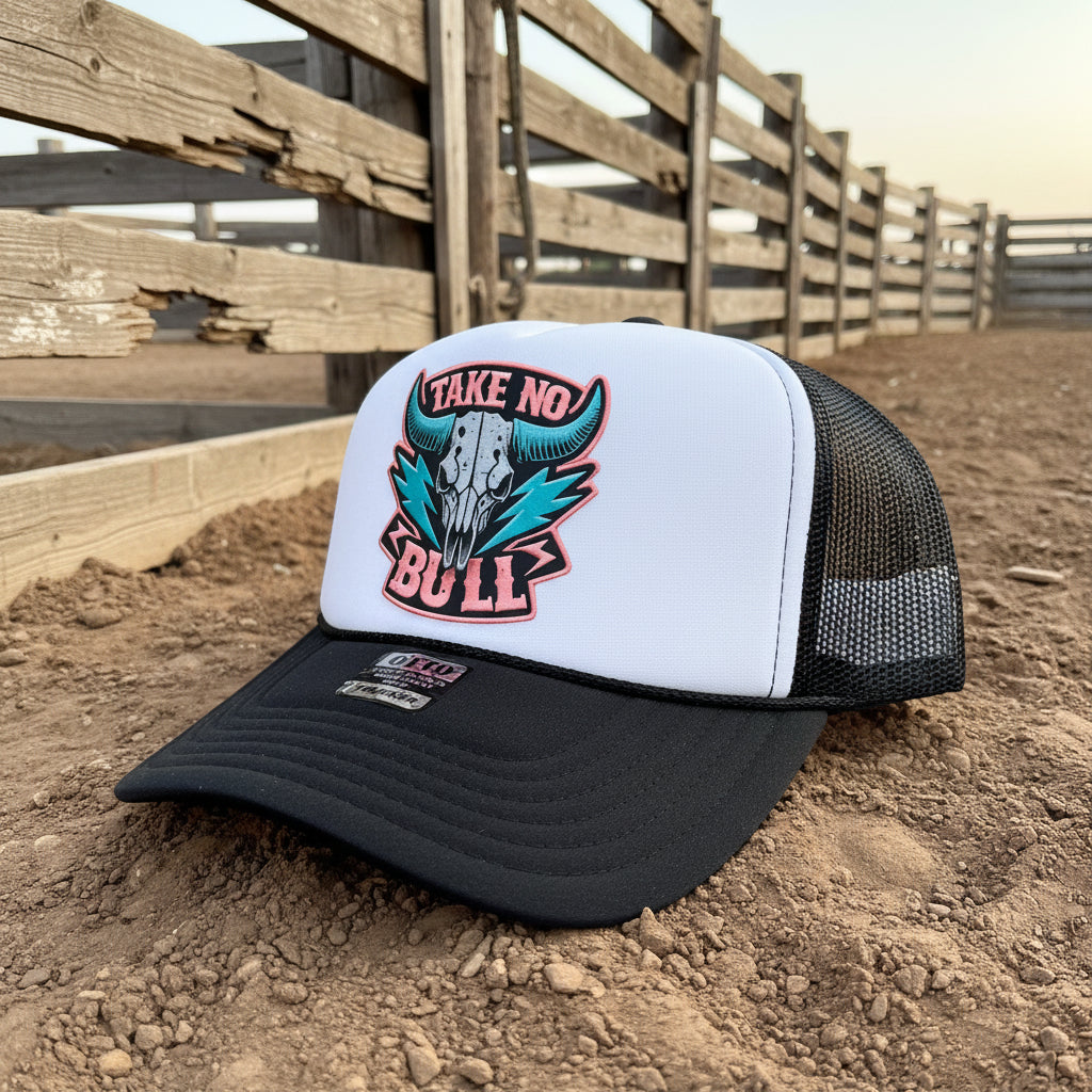 A black and white trucker hat with a graphic on the front panel that reads 'TAKE NO BULL' around a skull and horn design. The brim is black, and the mesh back is black.