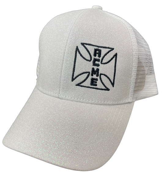 ACME Embroidered Logo - Glitter Ponytail Trucker Hat - White