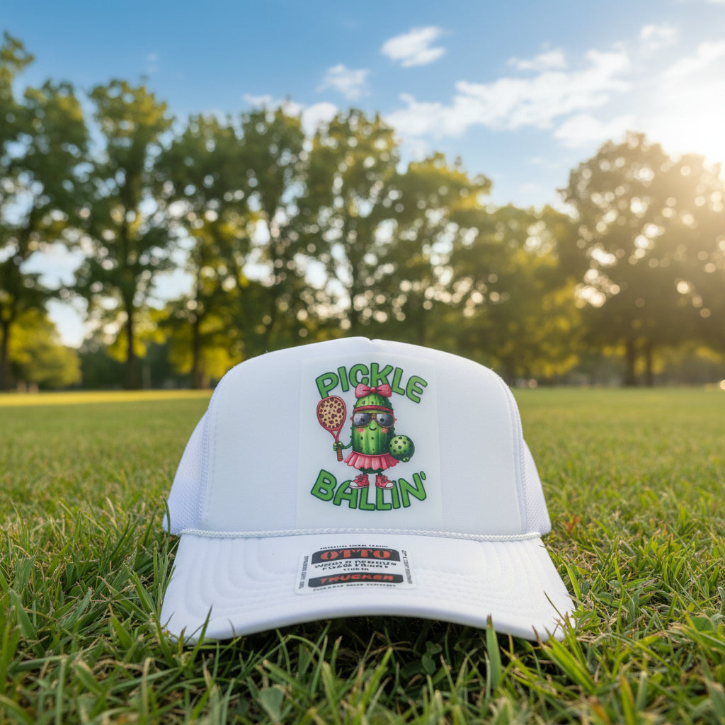 A white trucker hat with a colorful graphic on the front panel reading 'PICKLE BALLIN'' and featuring a cartoon pickle character. The hat has a visible Otto brand sticker on the brim.