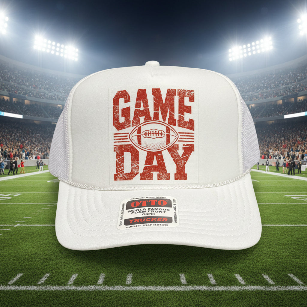 A white trucker hat with a distressed red 'GAME DAY' graphic on the front featuring a football design. The hat has a white foam front panel, white curved brim, and white mesh back panels.