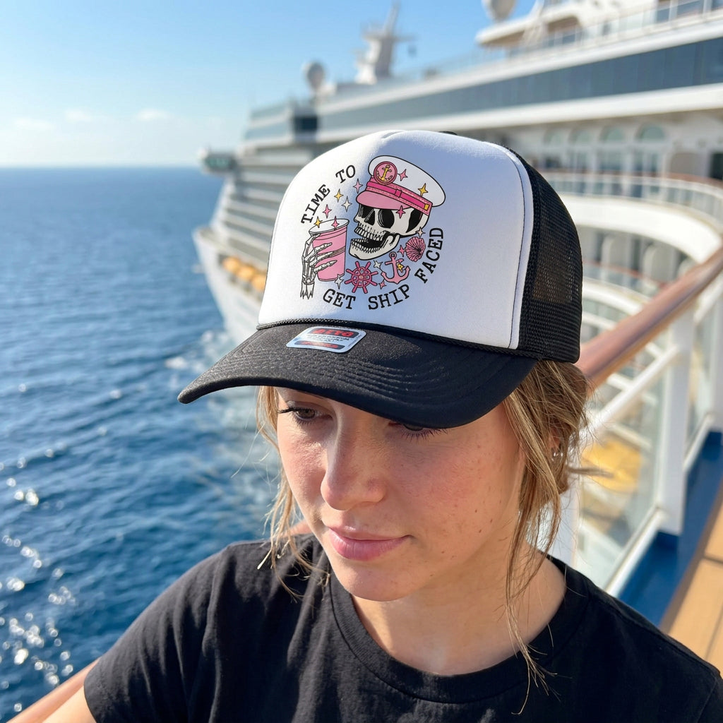 A black and white trucker hat with a graphic of a skull in a pink captain's hat holding a pink drink, with the text 'TIME TO GET SHIP FACED'. The hat has a white front panel, black mesh back, and a black brim with an Otto brand patch.