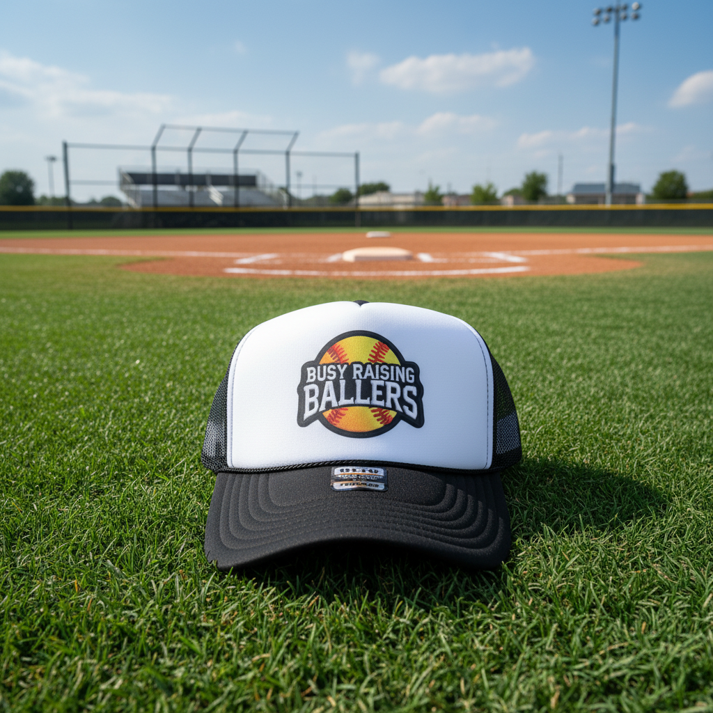 A white and black trucker hat with a 'Busy Raising Ballers' softball graphic sits on green grass at a baseball field, with the field and stadium visible in the background.