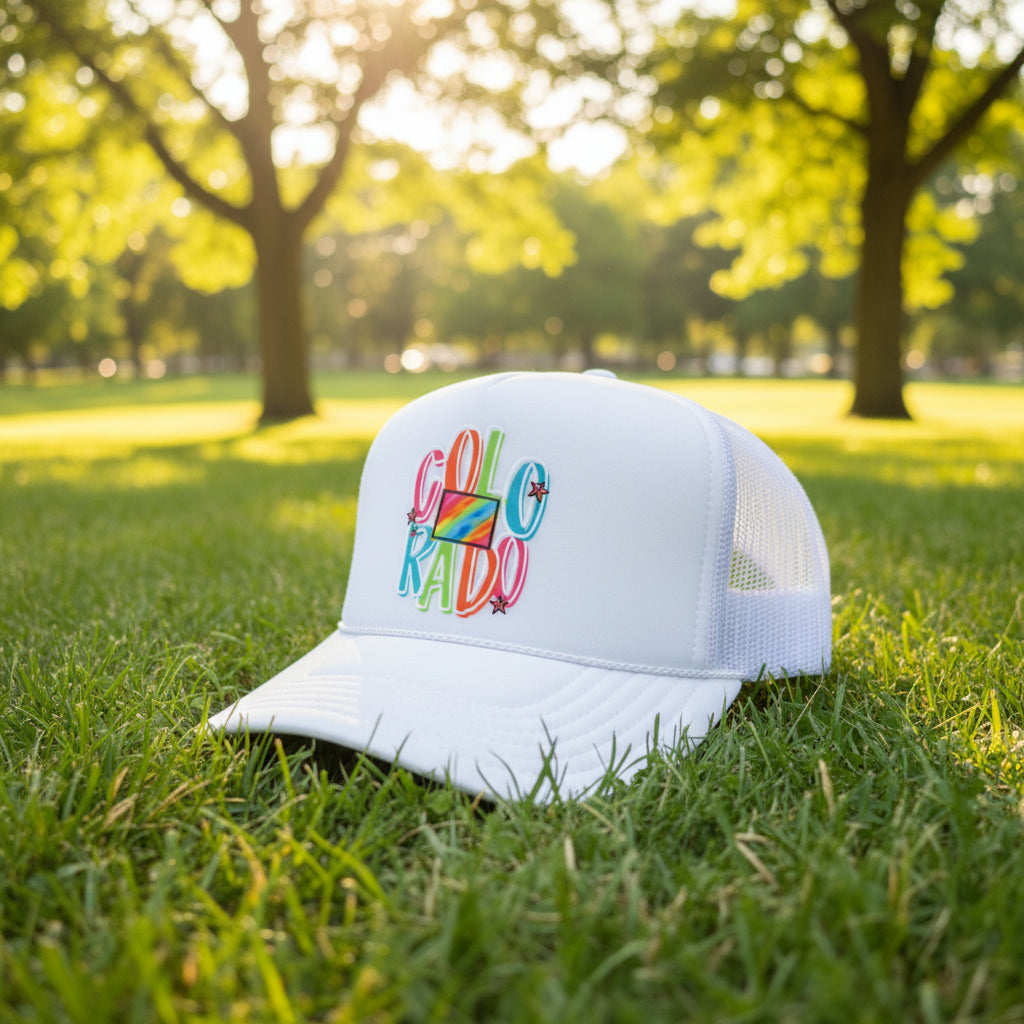 A white trucker-style cap with a colorful 'COLORADO' graphic on the front, resting on a wooden table. The cap features a rainbow-striped flag design in the center of the word 'COLORADO' and a visible 'OTTO' sticker on the brim.