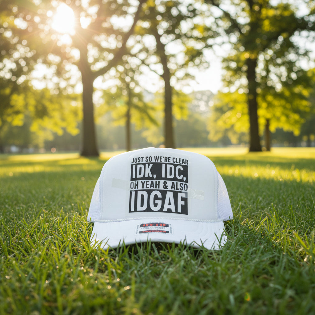 A white trucker hat with a printed graphic on the front that reads 'JUST SO WE'RE CLEAR IDK, IDC, OH YEAH & ALSO IDGAF' in black and white text. 