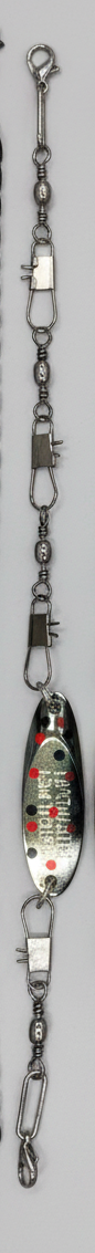 Fishing lure hat chains arranged vertically on a light gray background, including silver metal chains, a silver fish-shaped lure, and three colorful spinnerbait lures with rainbow patterns.