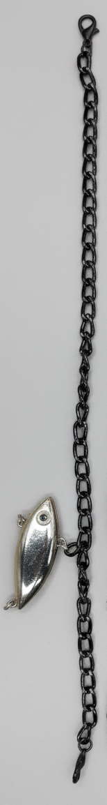 A silver fishing lure hat chain with a fish-shaped pendant, displayed vertically against a neutral light gray background.