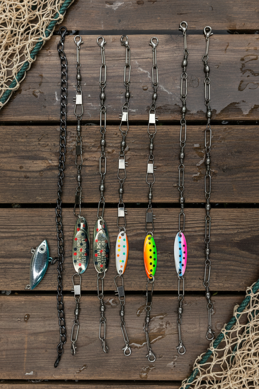 Fishing hat chains hanging from black metal chains on a weathered wooden surface, with two additional lures placed beside the hanging ones. The lures feature colorful patterns including green, yellow, pink, blue, and white, with some showing small orange and black details.