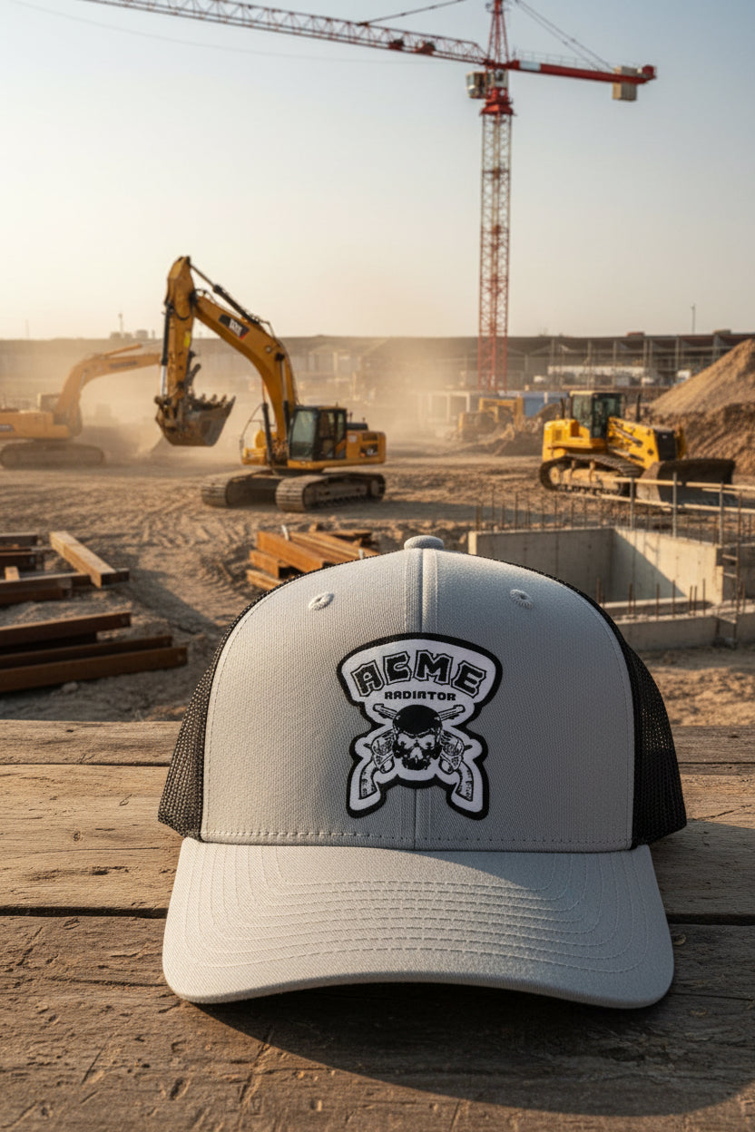 A light gray and black trucker cap with a black mesh back, featuring a white and black 'ACME Radiator' skull patch on the front. The cap has a gray retail hangtag and a black circular 'Decky Classic Original' sticker on the brim.