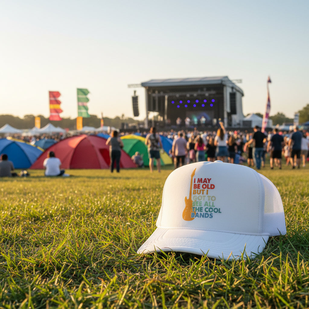 A white trucker hat with a foam front panel and white mesh back, featuring a printed graphic of a yellow electric guitar and the text 'I MAY BE OLD BUT I GOT TO SEE ALL THE COOL BANDS' in red, orange, yellow, green, and blue. A 'OTTO' brand sticker is visible on the brim.