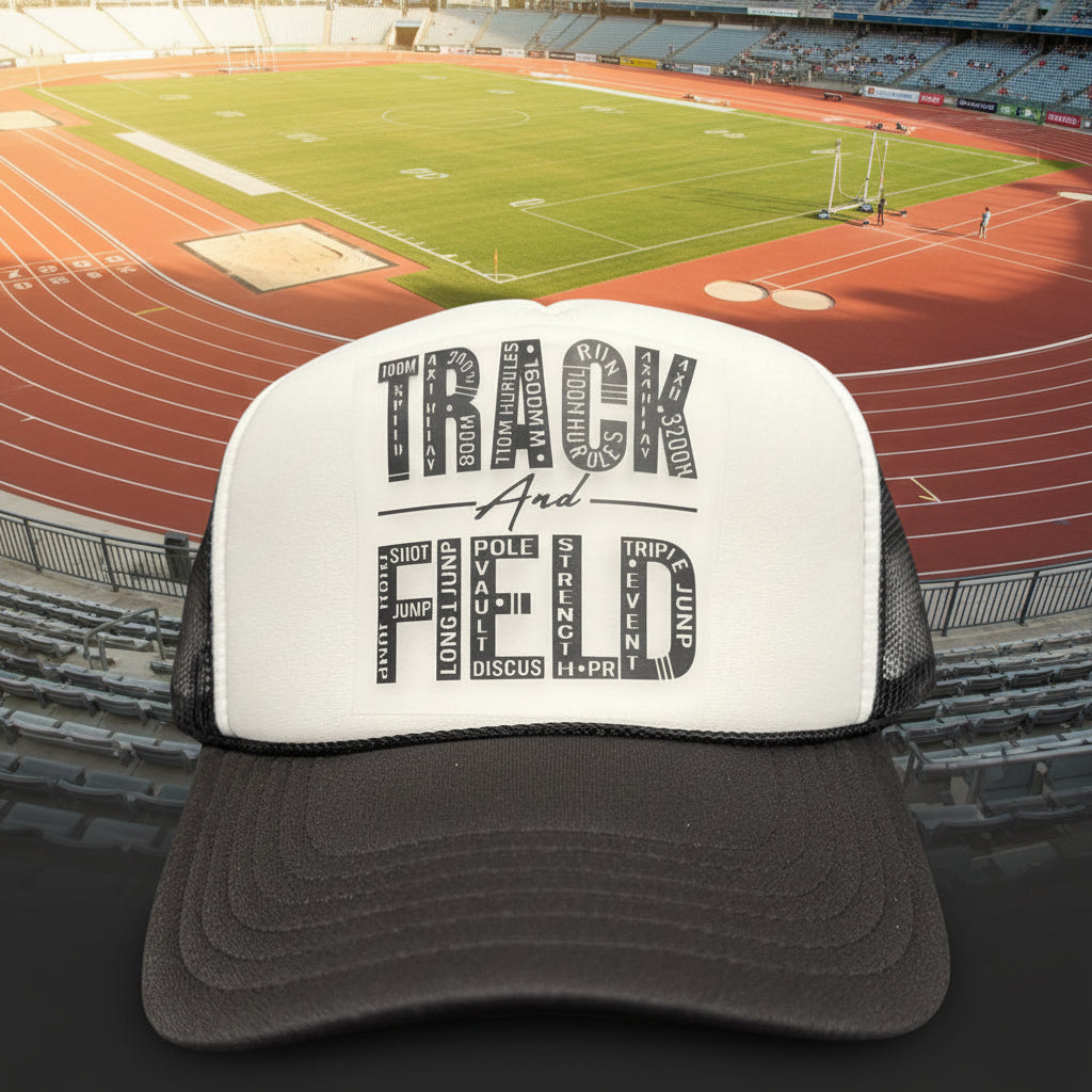 A black and white trucker hat with 'TRACK AND FIELD' printed on the front panel, resting on a dark wooden surface.