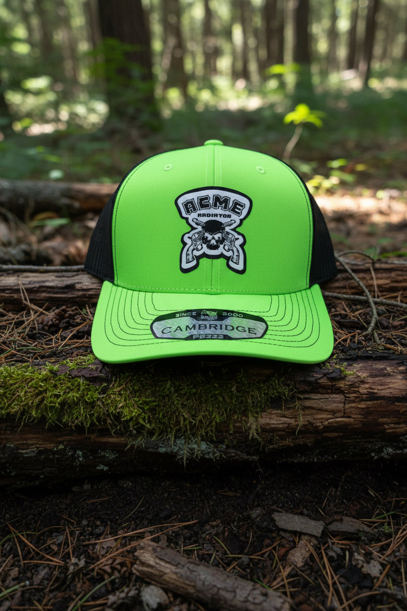 ACME Radiator Skull & Guns Woven Patch on the Pit Bull Cambridge Neon Trucker Hat
