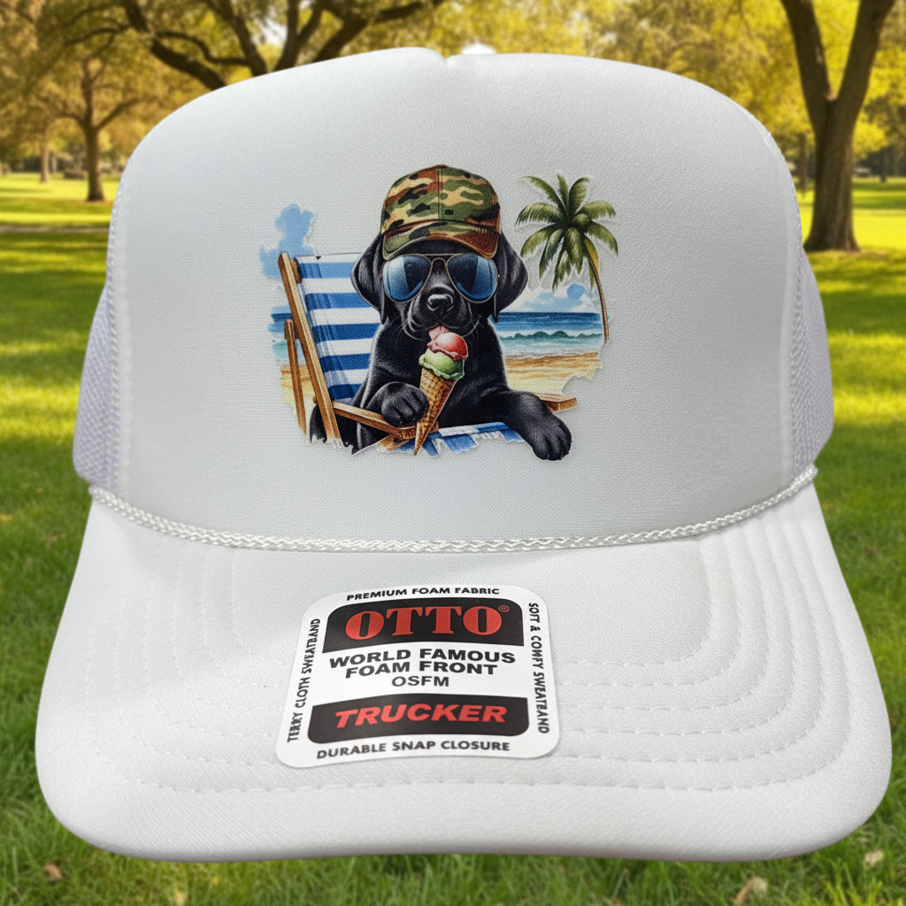 A white trucker hat with a colorful graphic of a dog eating an ice cream cone.