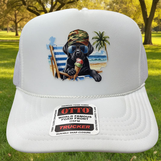 A white trucker hat with a colorful graphic of a dog eating an ice cream cone.