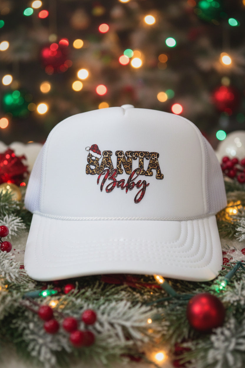 A white structured trucker-style baseball cap with a curved brim, featuring a leopard-print and red script on the front and a visible OTTO brand sticker on the side