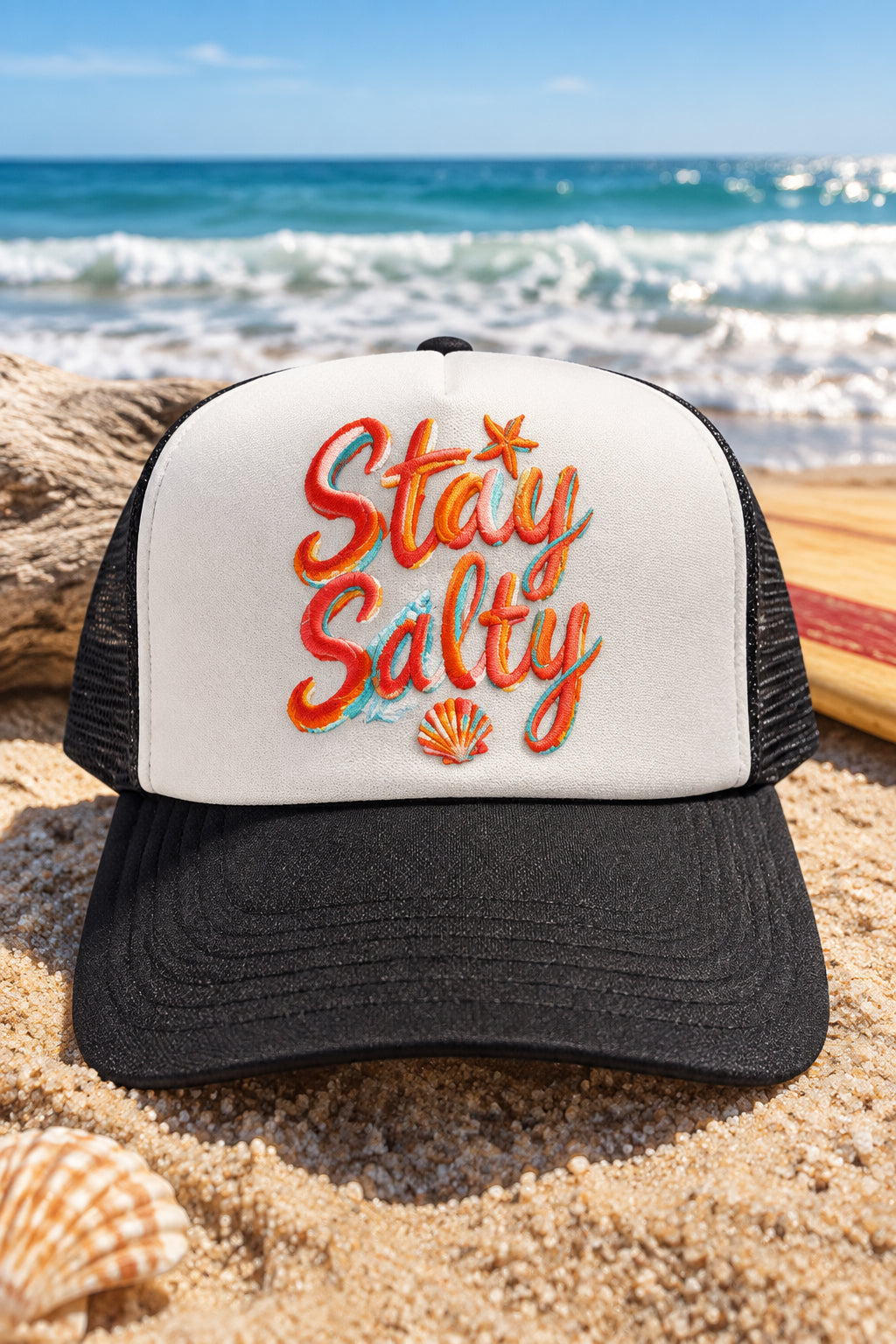 A black and white trucker hat with 'Stay Salty' in orange and yellow on the front, resting on a wooden surface.