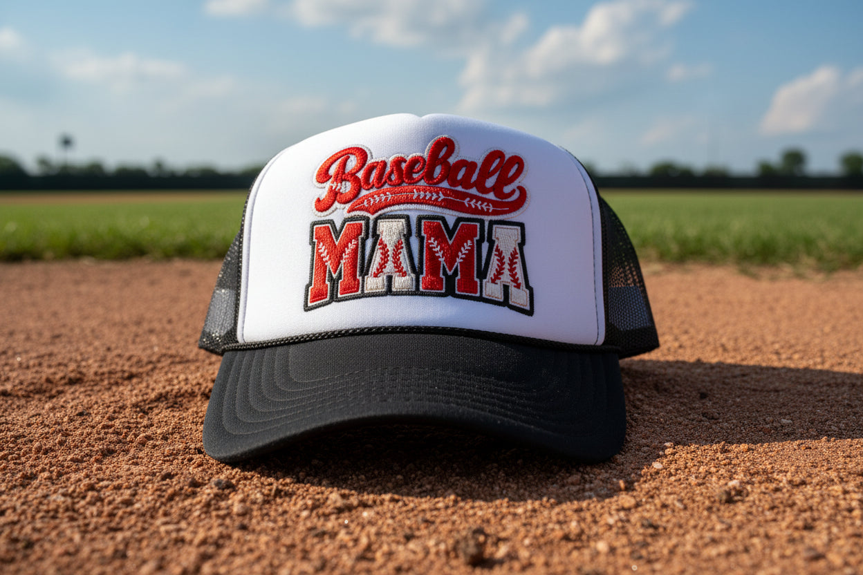 A black and white trucker hat with Baseball MAMA on the hat. 
