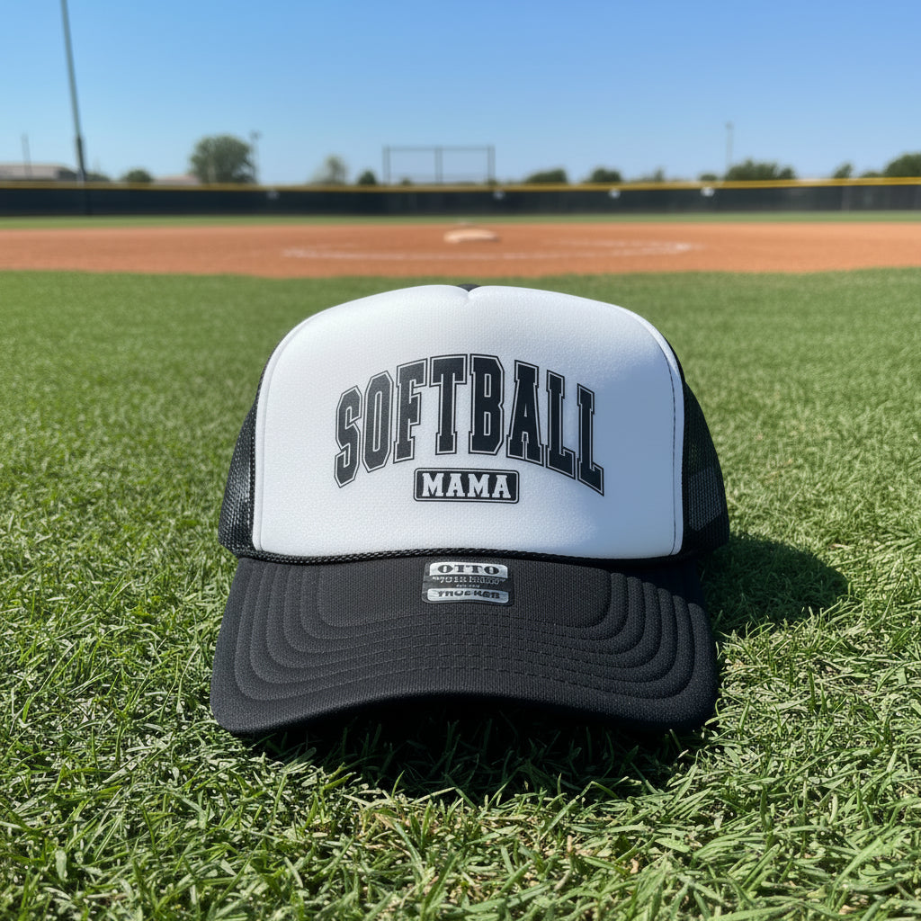 A black and white trucker hat with 'SOFTBALL MAMA' printed on the front.