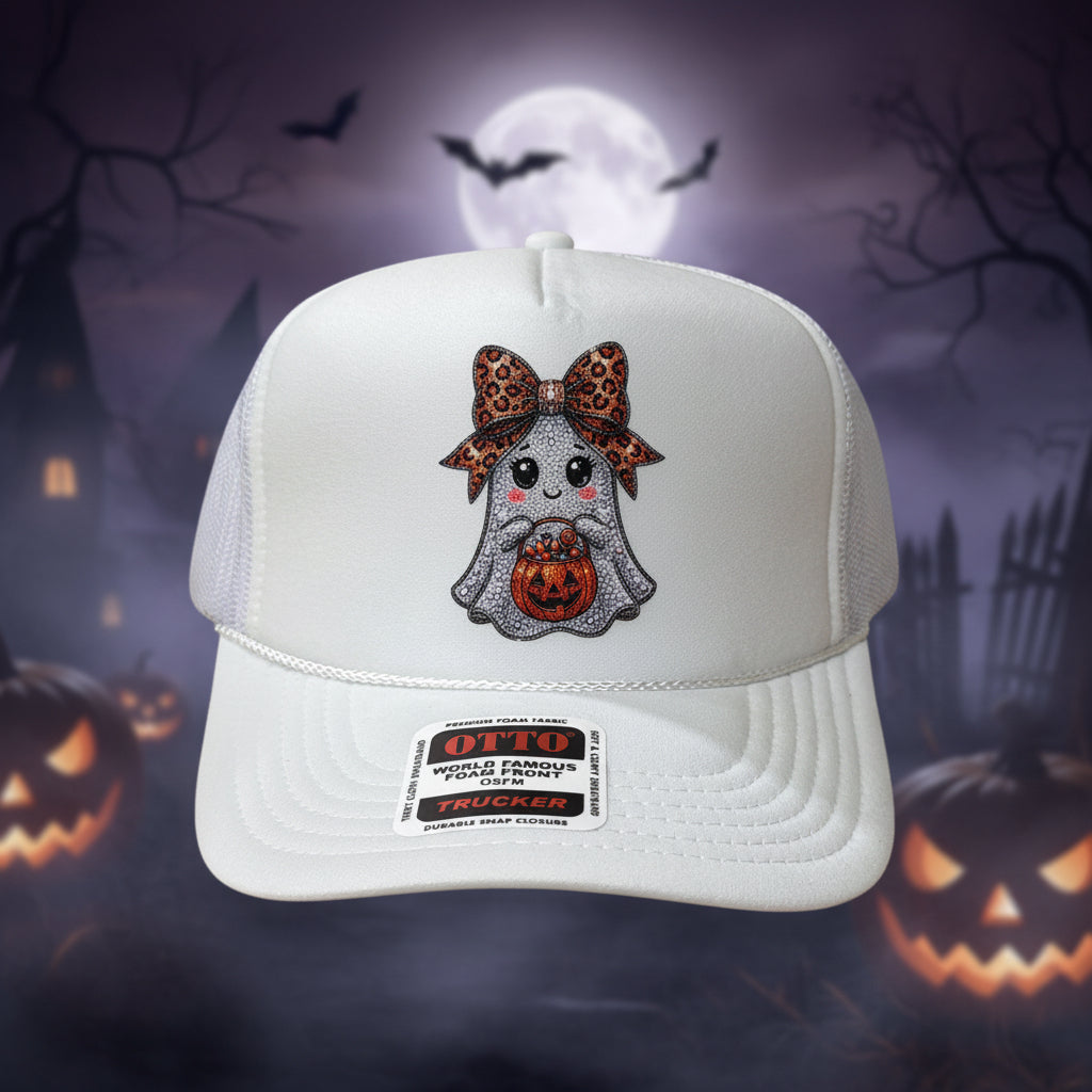 Sparkle Ghost with Leopard Bow Trucker Hat