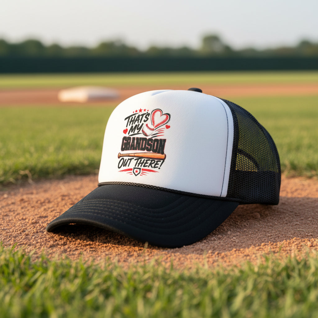A black and white trucker hat with a custom graphic on the front panel that reads 'THAT'S MY GRANDSON OUT THERE!' with a baseball theme. The hat is photographed against a dark wood background.