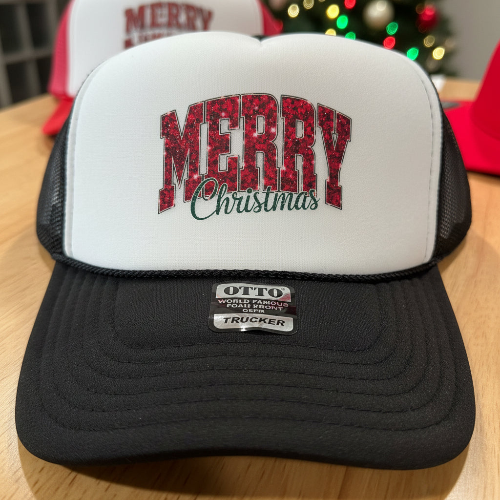 A black and white trucker hat with 'MERRY Christmas' on the front