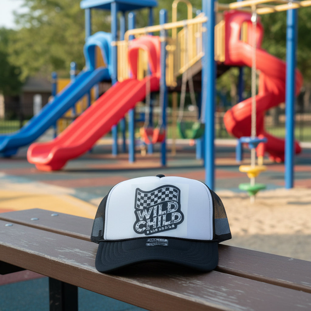 A black and white trucker hat with a distressed black-and-white checkered flag graphic and the words 'WILD CHILD' on the front panel. The brim is black, and the mesh back is black.