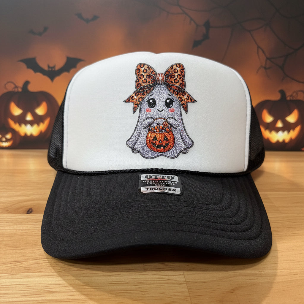 Sparkle Ghost with Leopard Bow Trucker Hat